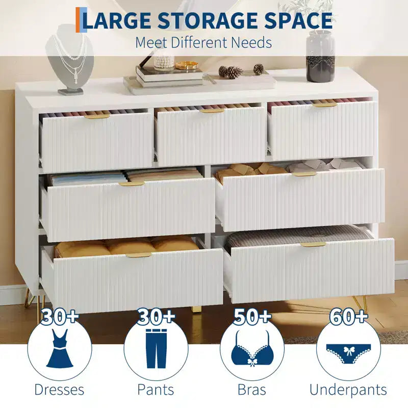 Commode 7 tiroirs avec panneau cannelé, poignées dorées et pieds en V, organisateur de rangement de 119 cm de large pour chambre à coucher, salon et entrée