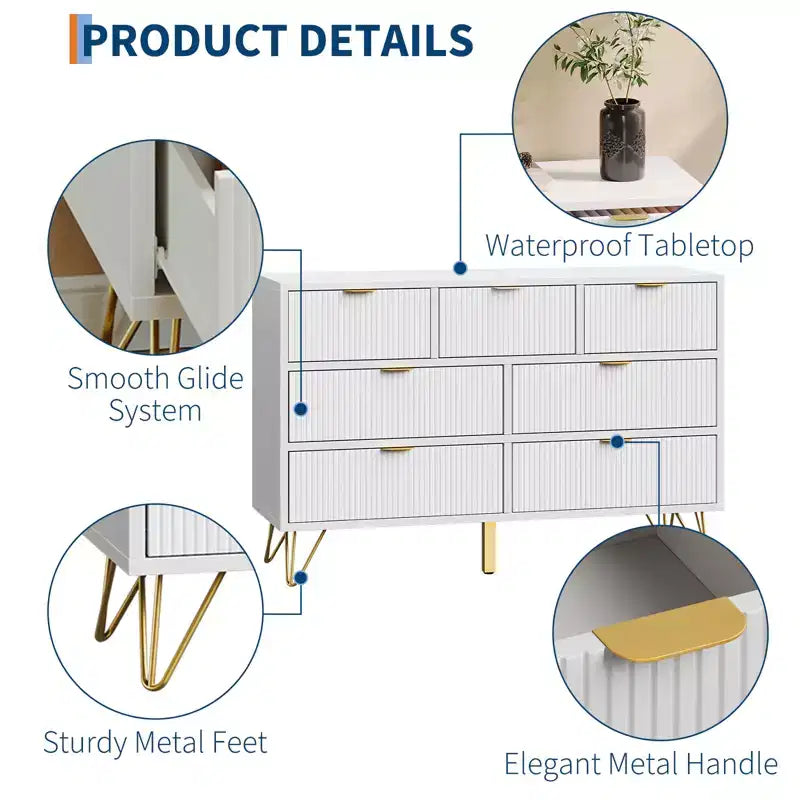 Commode 7 tiroirs avec panneau cannelé, poignées dorées et pieds en V, organisateur de rangement de 119 cm de large pour chambre à coucher, salon et entrée