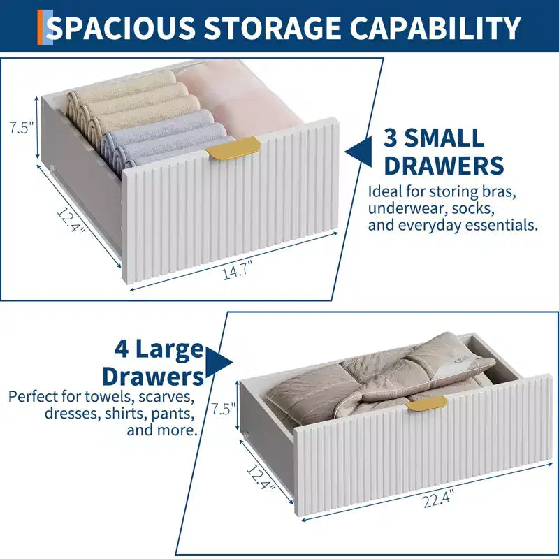 Commode 7 tiroirs avec panneau cannelé, poignées dorées et pieds en V, organisateur de rangement de 119 cm de large pour chambre à coucher, salon et entrée