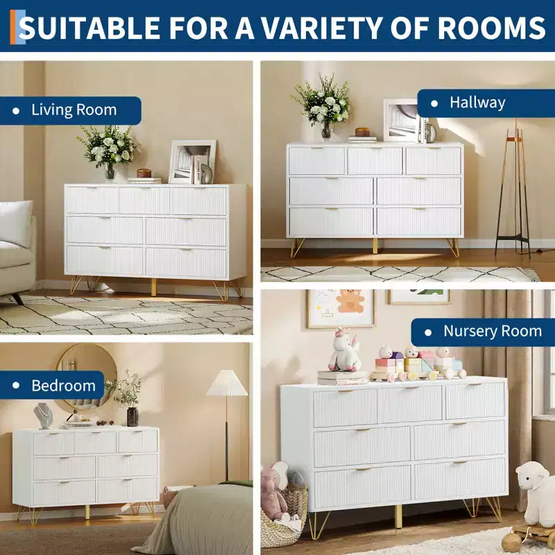 Commode 7 tiroirs avec panneau cannelé, poignées dorées et pieds en V, organisateur de rangement de 119 cm de large pour chambre à coucher, salon et entrée