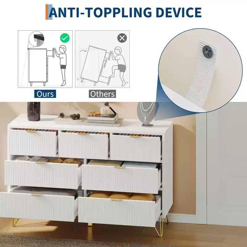 Commode 7 tiroirs avec panneau cannelé, poignées dorées et pieds en V, organisateur de rangement de 119 cm de large pour chambre à coucher, salon et entrée