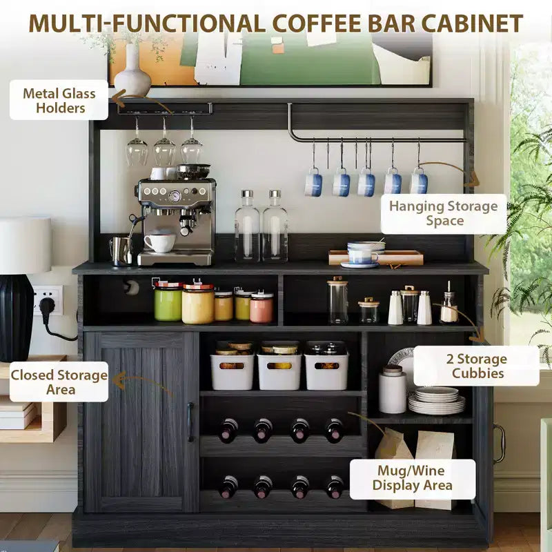 Meuble de bar à café de ferme de 47" avec 5 crochets, porte-bouteilles et étagère de rangement pour la cuisine et le salon