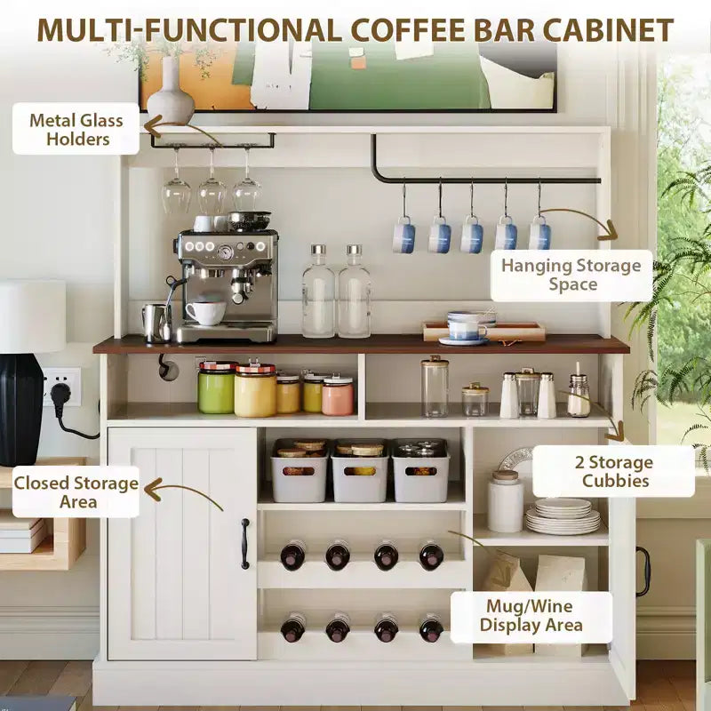 Meuble de bar à café de ferme de 47" avec 5 crochets, porte-bouteilles et étagère de rangement pour la cuisine et le salon