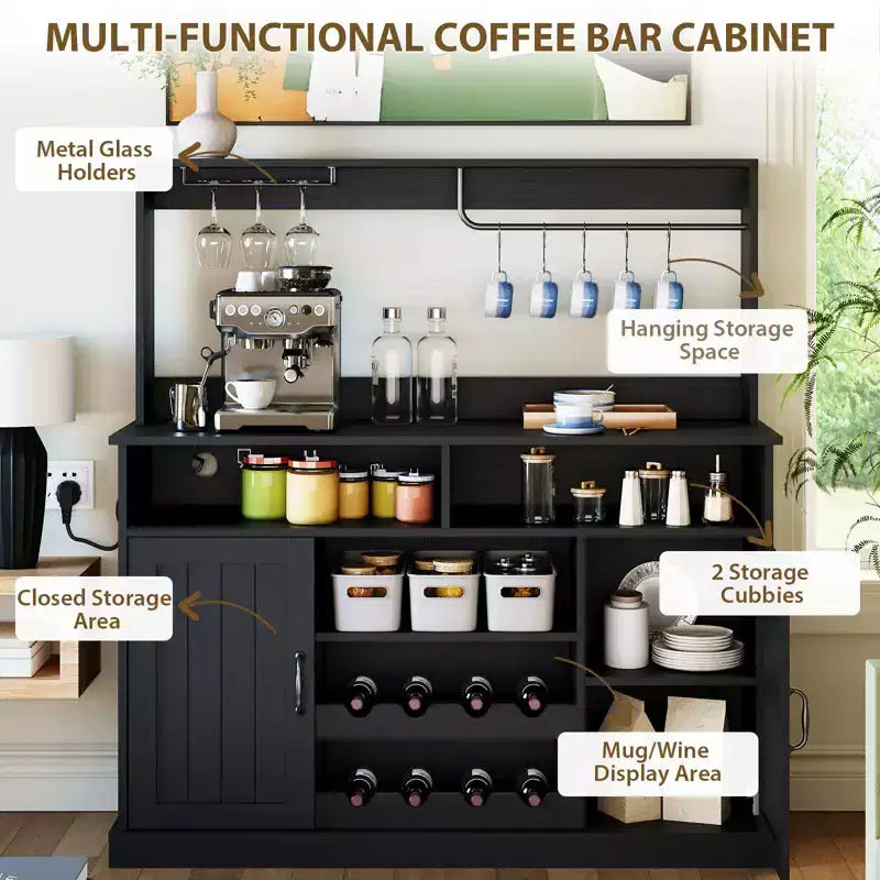 Meuble de bar à café de ferme de 47" avec 5 crochets, porte-bouteilles et étagère de rangement pour la cuisine et le salon