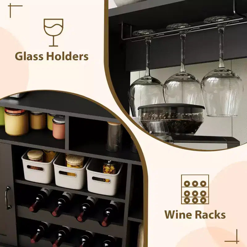 Meuble de bar à café de ferme de 47" avec 5 crochets, porte-bouteilles et étagère de rangement pour la cuisine et le salon