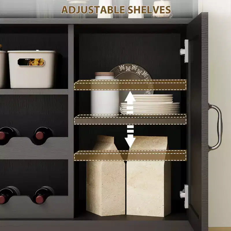 Meuble de bar à café de ferme de 47" avec 5 crochets, porte-bouteilles et étagère de rangement pour la cuisine et le salon