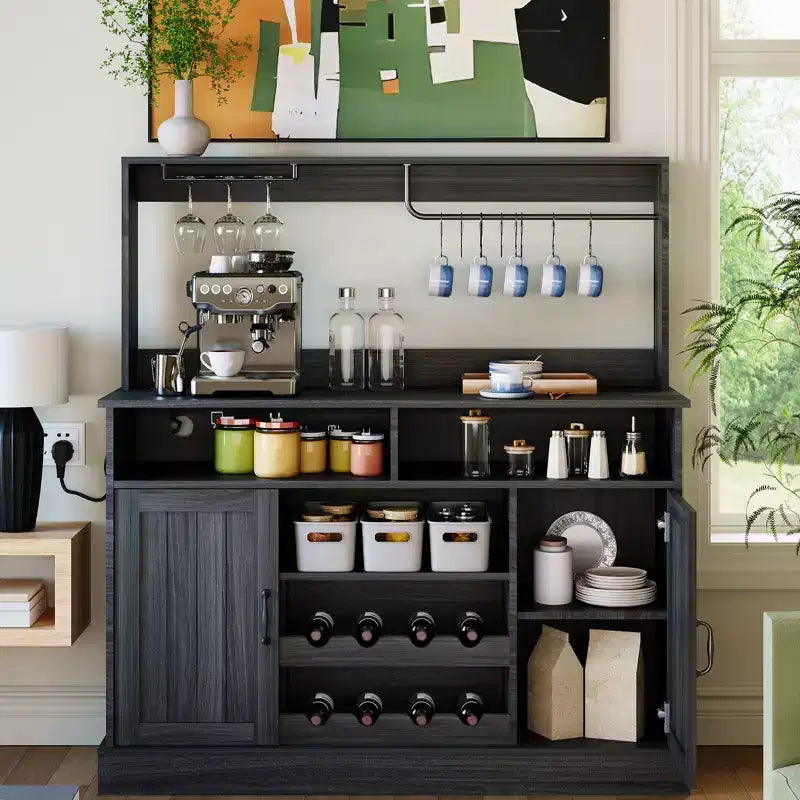 Meuble de bar à café de ferme de 47" avec 5 crochets, porte-bouteilles et étagère de rangement pour la cuisine et le salon