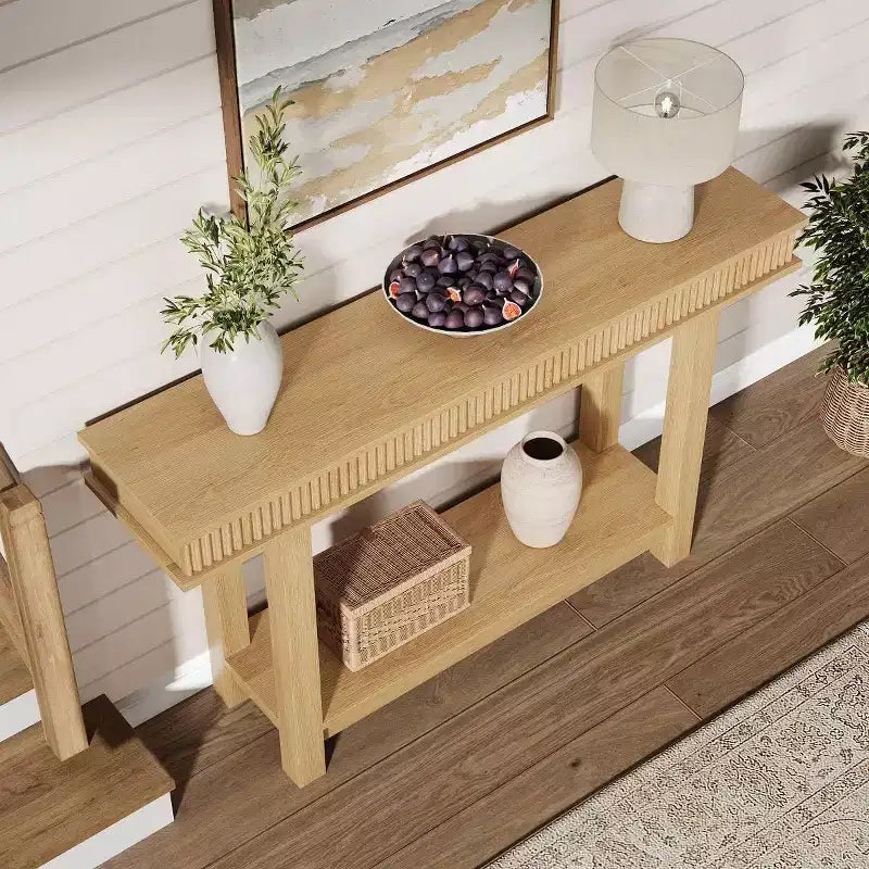 Console cannelée, table d'entrée en bois à 2 niveaux avec étagère, table de canapé étroite pour foyer, couloir et salon