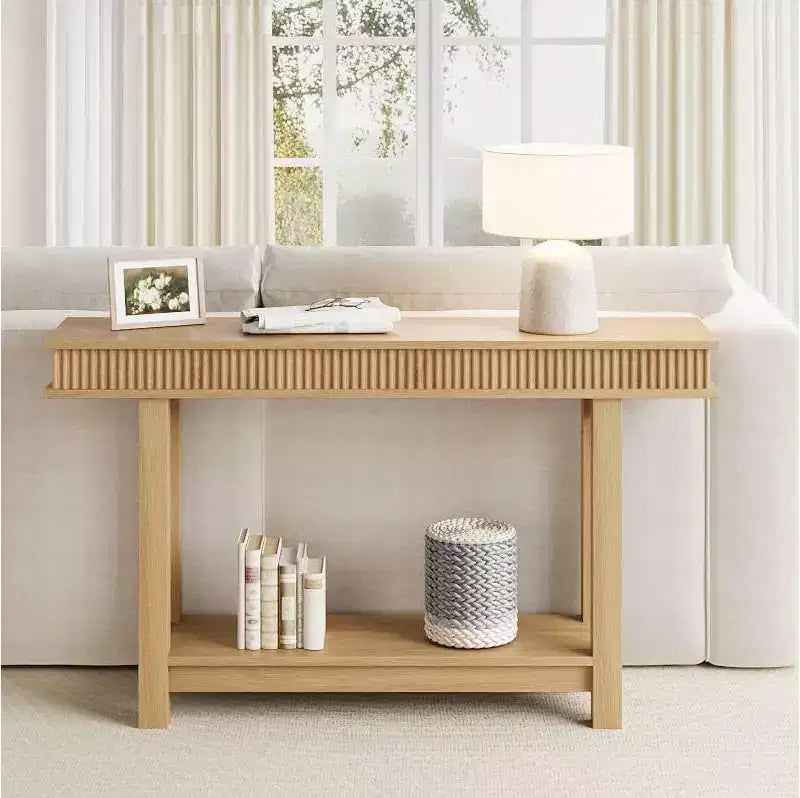 Console cannelée, table d'entrée en bois à 2 niveaux avec étagère, table de canapé étroite pour foyer, couloir et salon