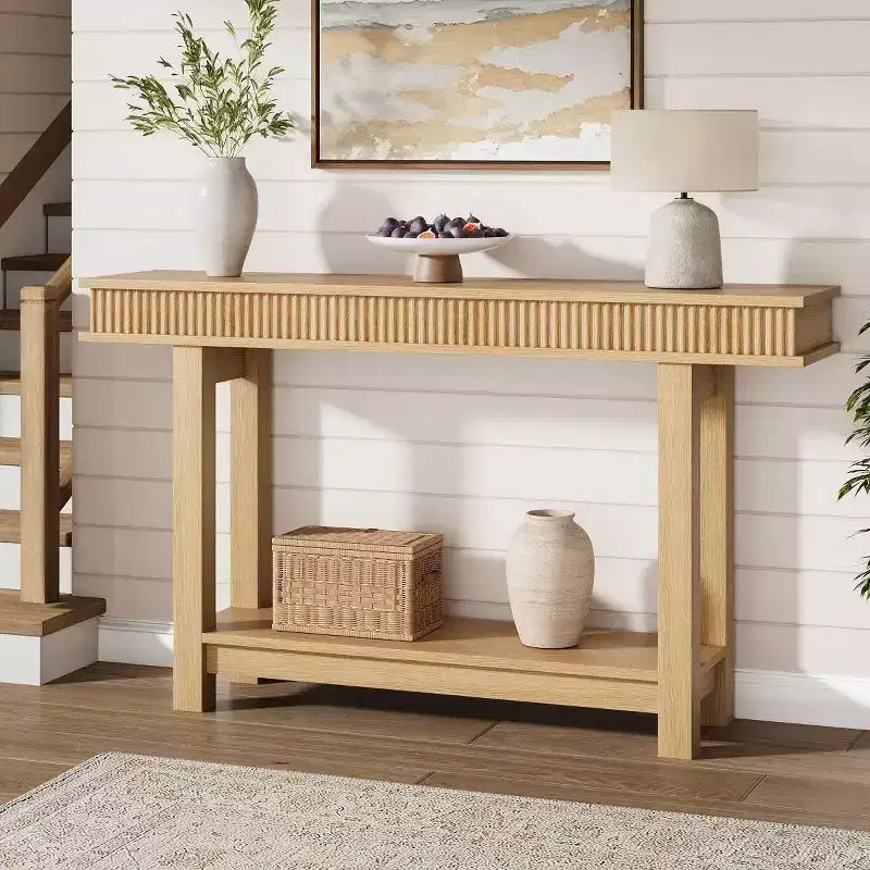 Console cannelée, table d'entrée en bois à 2 niveaux avec étagère, table de canapé étroite pour foyer, couloir et salon
