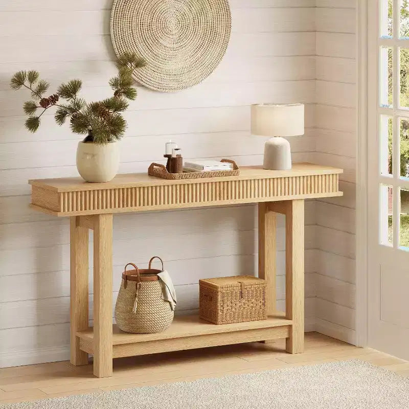 Console cannelée, table d'entrée en bois à 2 niveaux avec étagère, table de canapé étroite pour foyer, couloir et salon