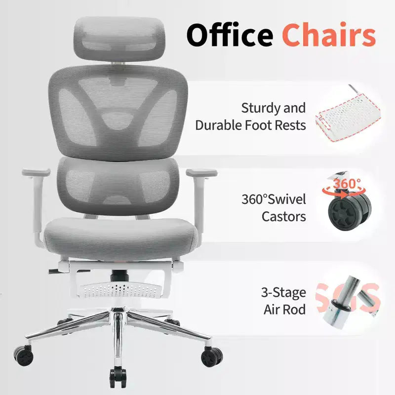 Chaise de bureau ergonomique en maille - Dossier haut, appui-tête réglable, accoudoirs 3D, soutien lombaire, repose-pieds, assise respirante - Structure blanche/maille grise