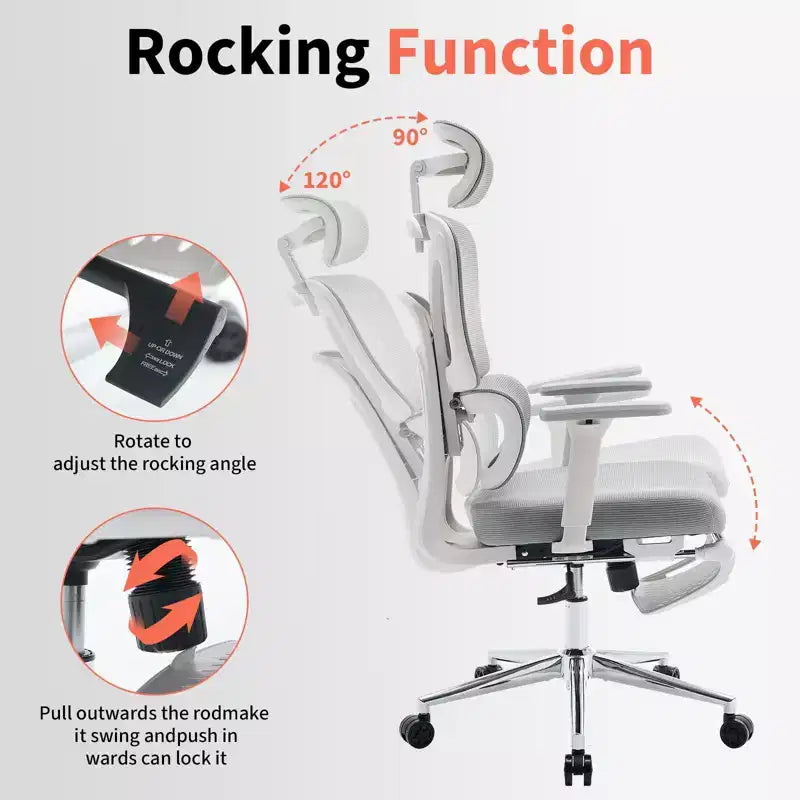 Chaise de bureau ergonomique en maille - Dossier haut, appui-tête réglable, accoudoirs 3D, soutien lombaire, repose-pieds, assise respirante - Structure blanche/maille grise