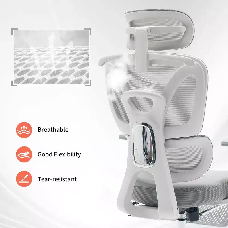 Chaise de bureau ergonomique en maille - Dossier haut, appui-tête réglable, accoudoirs 3D, soutien lombaire, repose-pieds, assise respirante - Structure blanche/maille grise