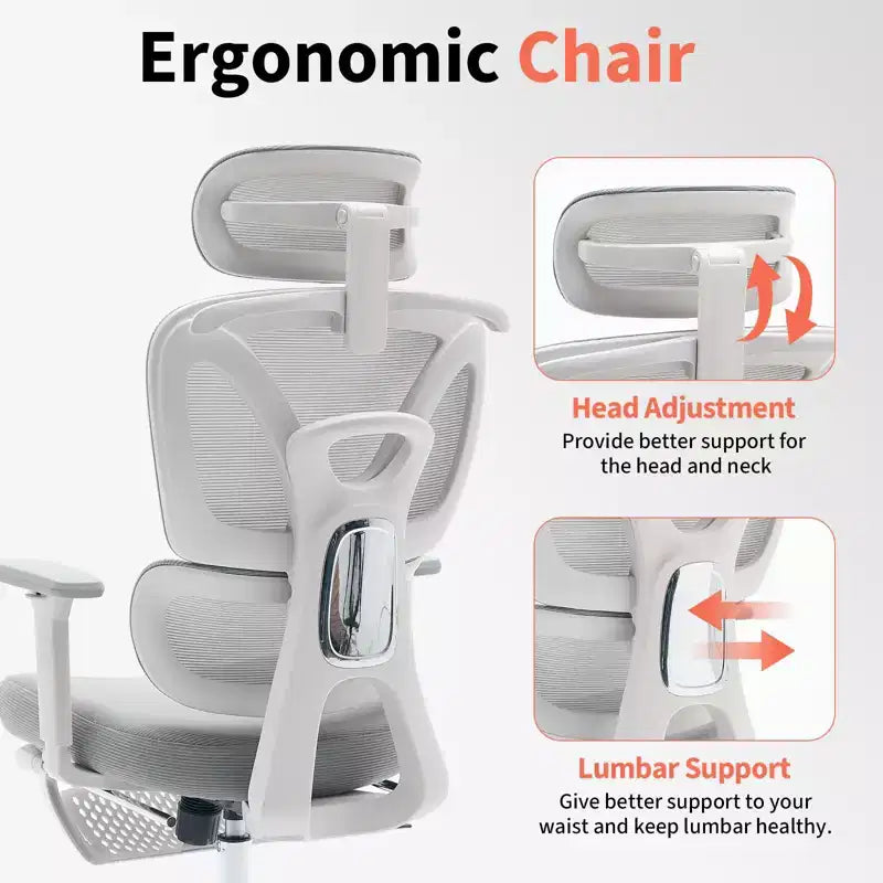 Chaise de bureau ergonomique en maille - Dossier haut, appui-tête réglable, accoudoirs 3D, soutien lombaire, repose-pieds, assise respirante - Structure blanche/maille grise