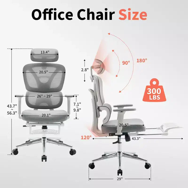 Chaise de bureau ergonomique en maille - Dossier haut, appui-tête réglable, accoudoirs 3D, soutien lombaire, repose-pieds, assise respirante - Structure blanche/maille grise
