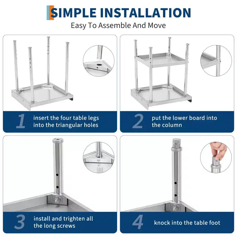 Support d'équipement en acier inoxydable, capacité 180 kg, rebord anti-débordement 5 cm, certifié NSF