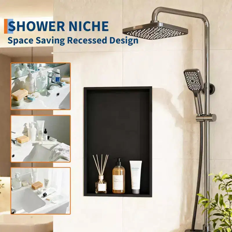 Niche de douche encastrable en acier inoxydable noir mat 24x12, étagère murale à un niveau