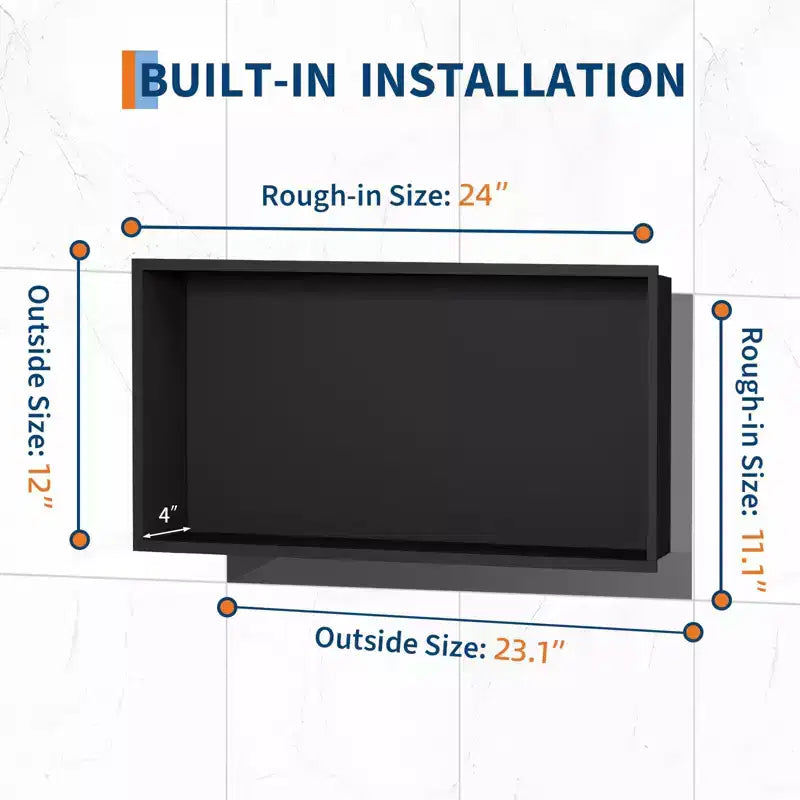 Niche de douche encastrable en acier inoxydable noir mat 24x12, étagère murale à un niveau
