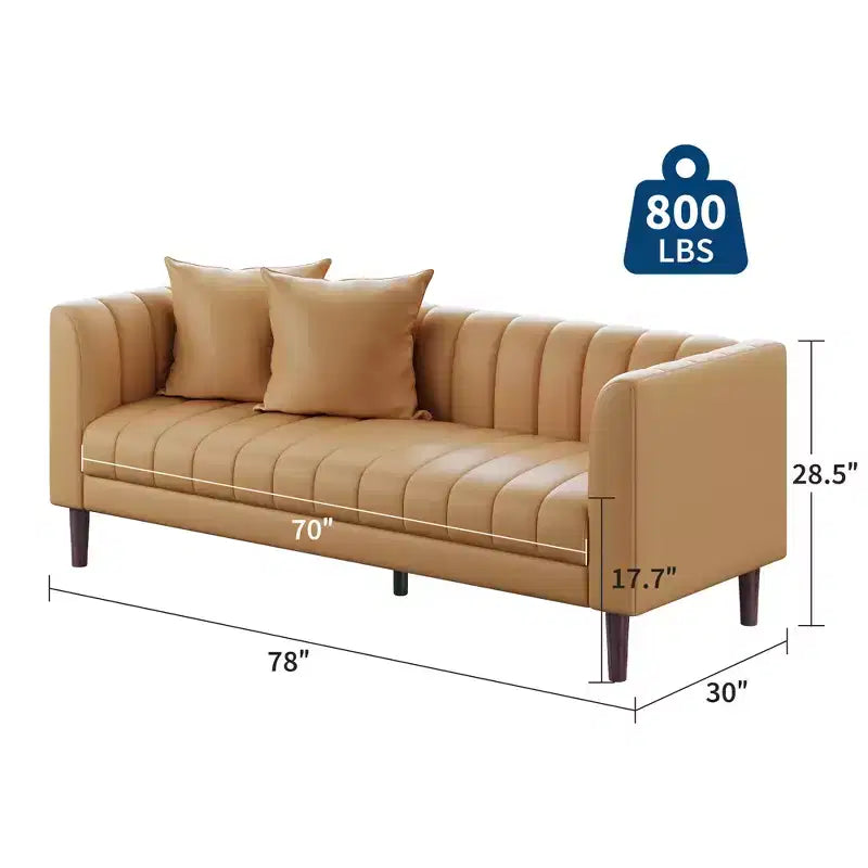 Canapé moderne 3 places en similicuir de 198 cm avec assise profonde, coussins décoratifs et pieds en bois