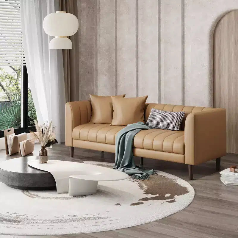 Canapé moderne 3 places en similicuir de 198 cm avec assise profonde, coussins décoratifs et pieds en bois