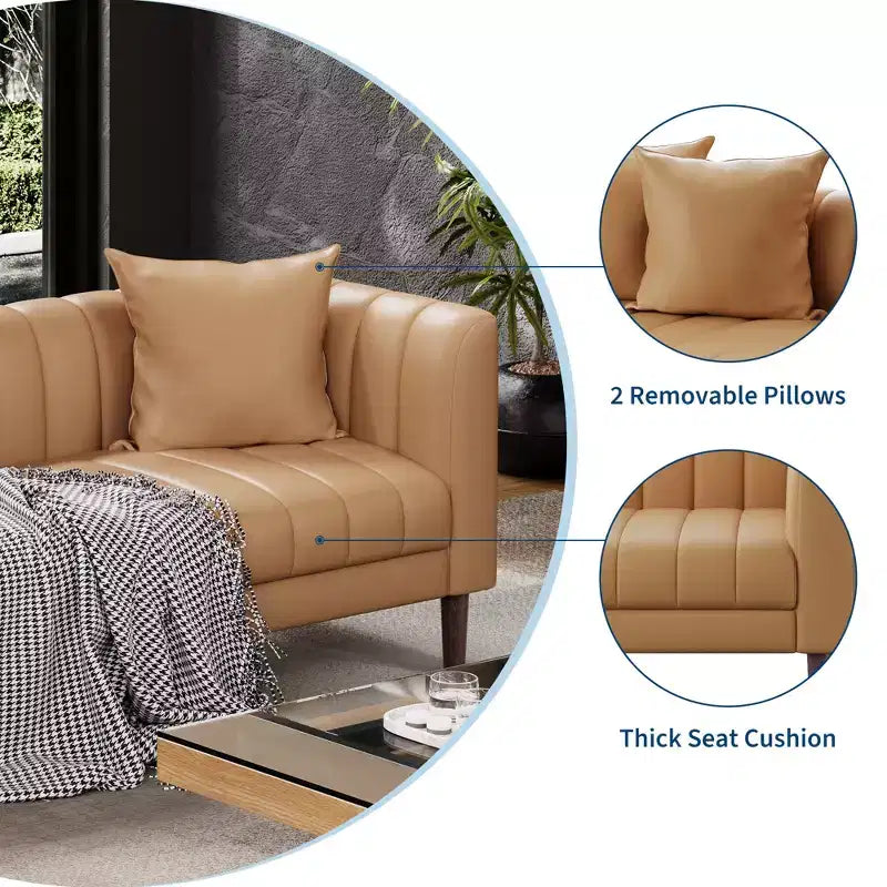 Canapé moderne 3 places en similicuir de 198 cm avec assise profonde, coussins décoratifs et pieds en bois