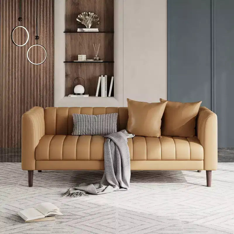 Canapé moderne 3 places en similicuir de 198 cm avec assise profonde, coussins décoratifs et pieds en bois