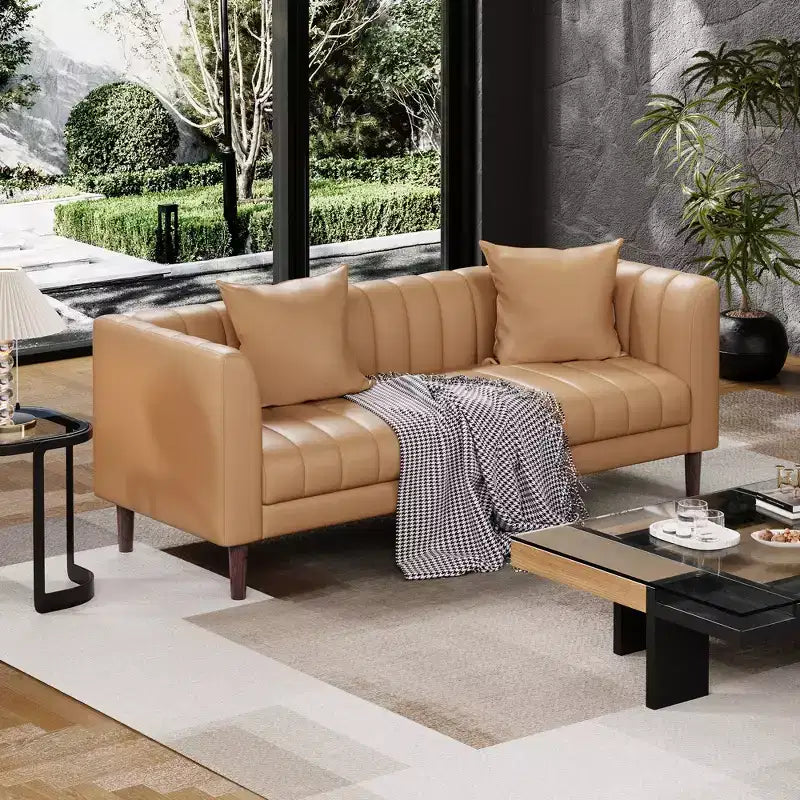 Canapé moderne 3 places en similicuir de 198 cm avec assise profonde, coussins décoratifs et pieds en bois