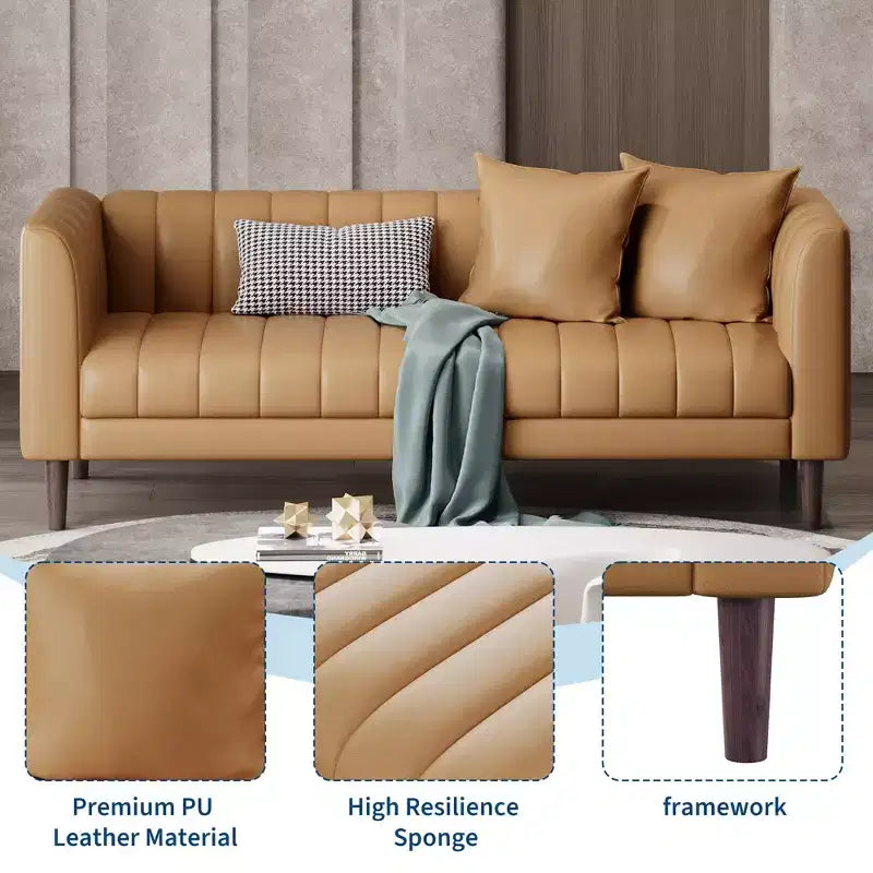 Canapé moderne 3 places en similicuir de 198 cm avec assise profonde, coussins décoratifs et pieds en bois