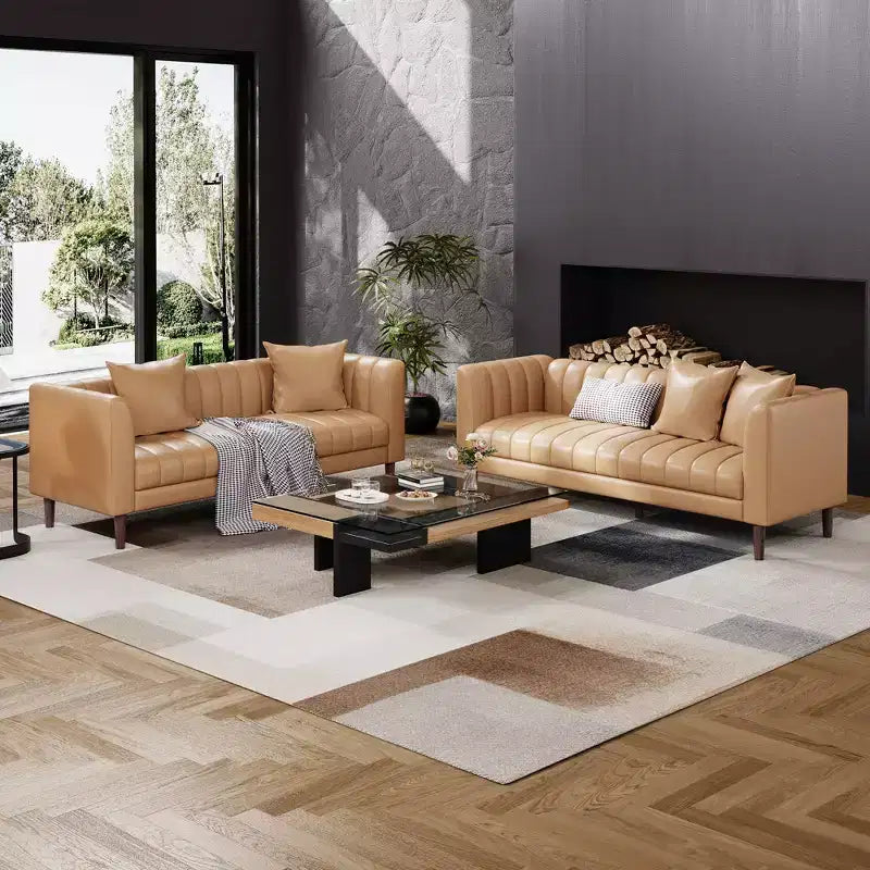 Canapé moderne 3 places en similicuir de 198 cm avec assise profonde, coussins décoratifs et pieds en bois
