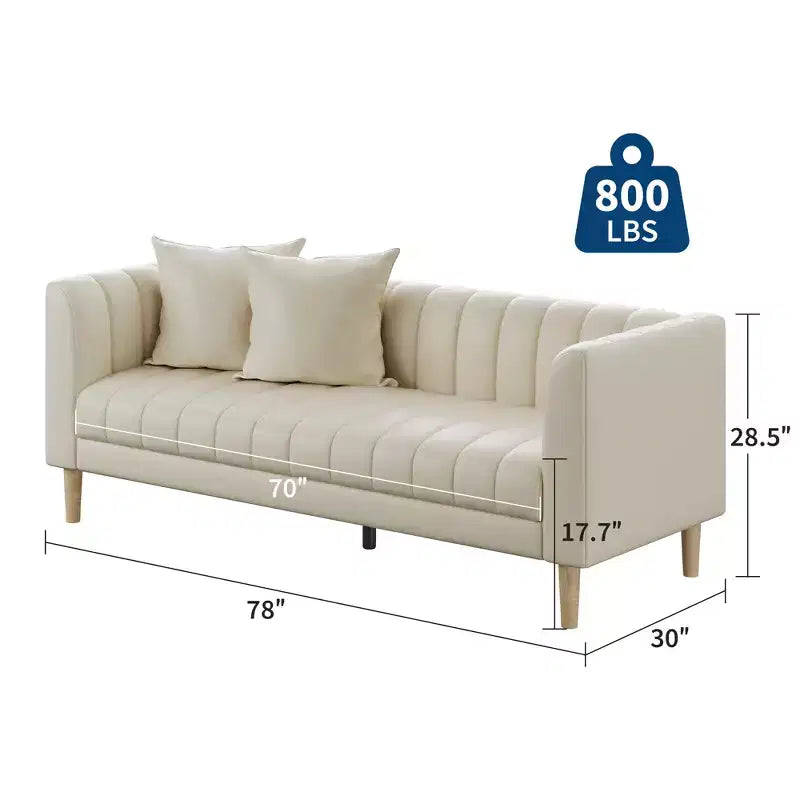 Canapé moderne 3 places en similicuir de 198 cm avec assise profonde, coussins décoratifs et pieds en bois