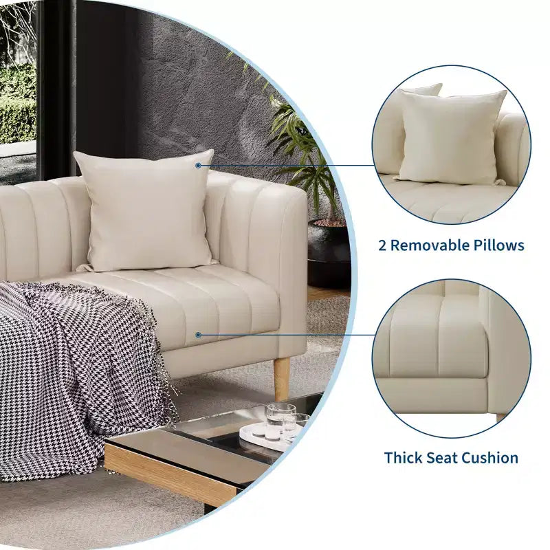 Canapé moderne 3 places en similicuir de 198 cm avec assise profonde, coussins décoratifs et pieds en bois