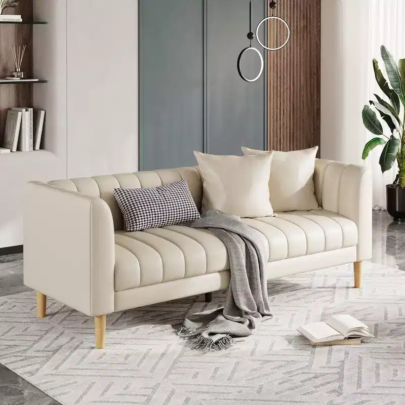Canapé moderne 3 places en similicuir de 198 cm avec assise profonde, coussins décoratifs et pieds en bois