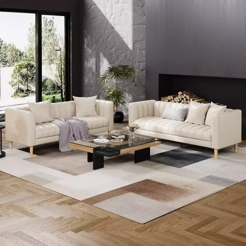 Canapé moderne 3 places en similicuir de 198 cm avec assise profonde, coussins décoratifs et pieds en bois