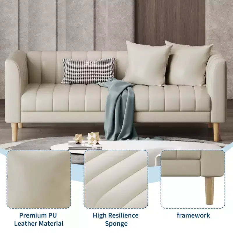 Canapé moderne 3 places en similicuir de 198 cm avec assise profonde, coussins décoratifs et pieds en bois