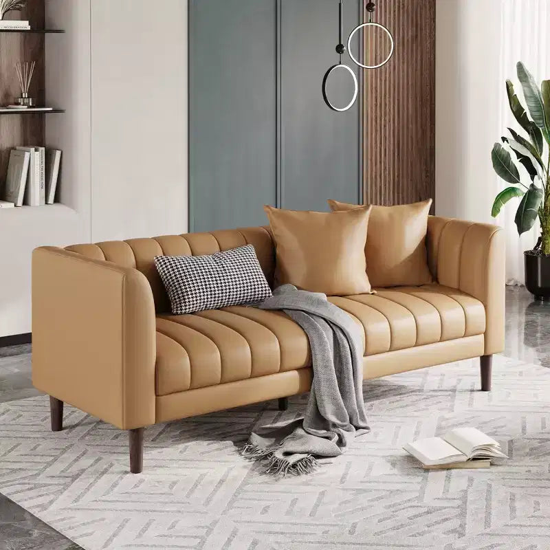 Canapé moderne 3 places en similicuir de 198 cm avec assise profonde, coussins décoratifs et pieds en bois
