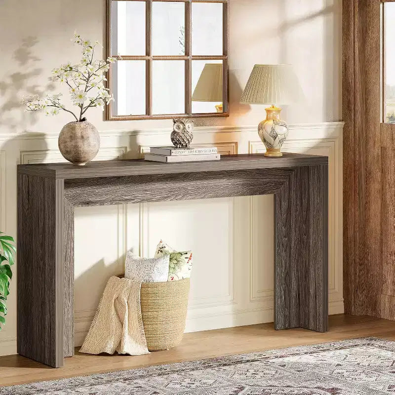 Console rustique, table d'appoint en bois de 55 pouces avec rangement pour entrée, couloir, salon (grise)
