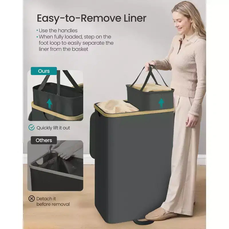 Panier à linge avec couvercle, trieur à 2 sections, sacs amovibles, cadre en bambou, 150 L.