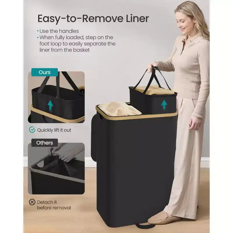 Panier à linge avec couvercle, trieur à 2 sections, sacs amovibles, cadre en bambou, 150 L.