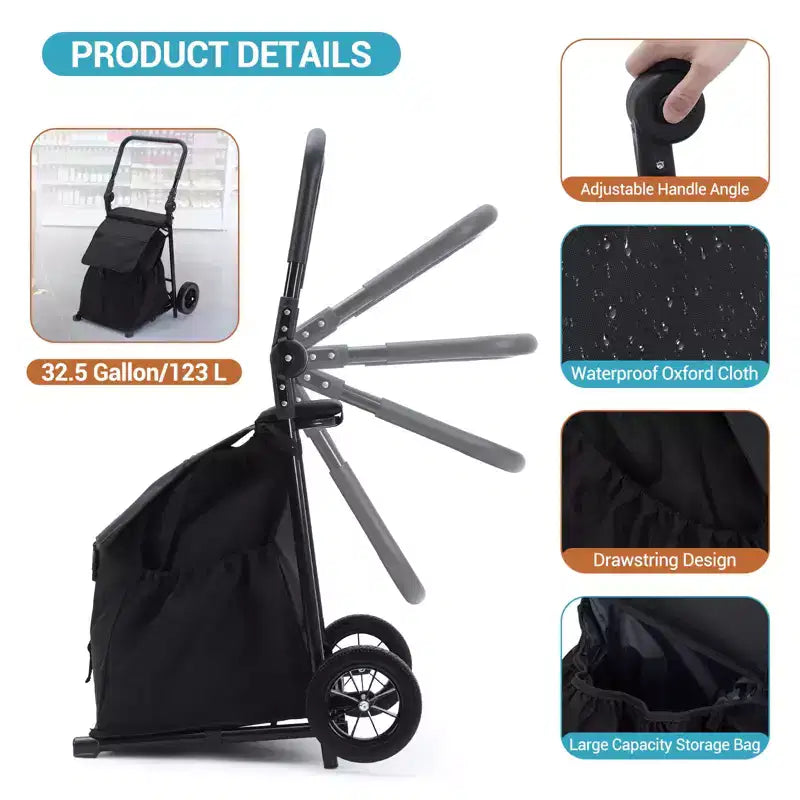 Chariot à main utilitaire pliable 2-en-1 avec sac étanche de 123 L, siège rembourré et poignée réglable