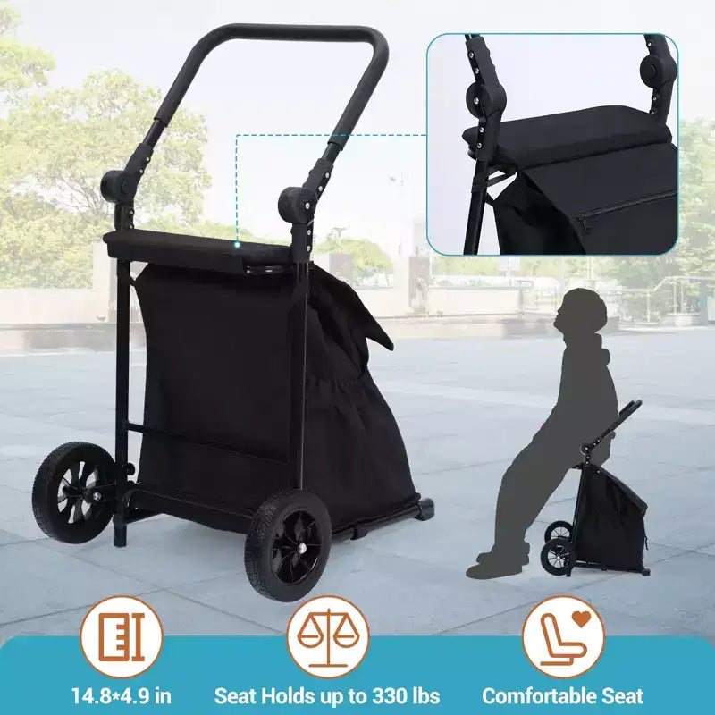 Chariot à main utilitaire pliable 2-en-1 avec sac étanche de 123 L, siège rembourré et poignée réglable