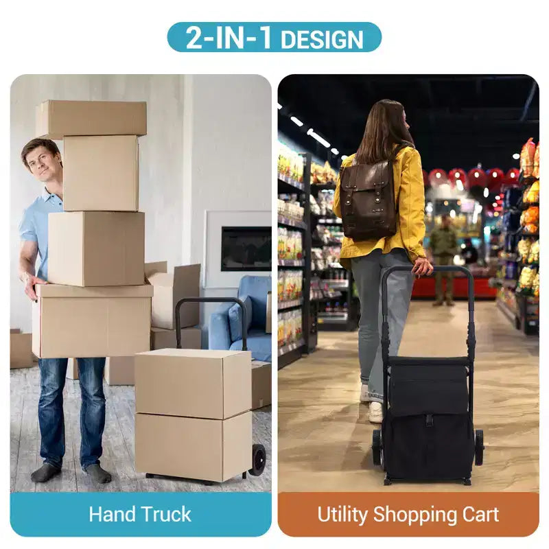 Chariot à main utilitaire pliable 2-en-1 avec sac étanche de 123 L, siège rembourré et poignée réglable