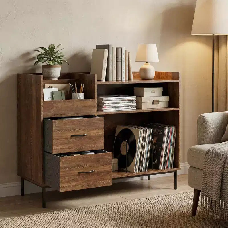 Meuble pour platine vinyle de 70 cm avec étagères réglables et tiroirs, peut contenir plus de 350 vinyles pour salon et chambre