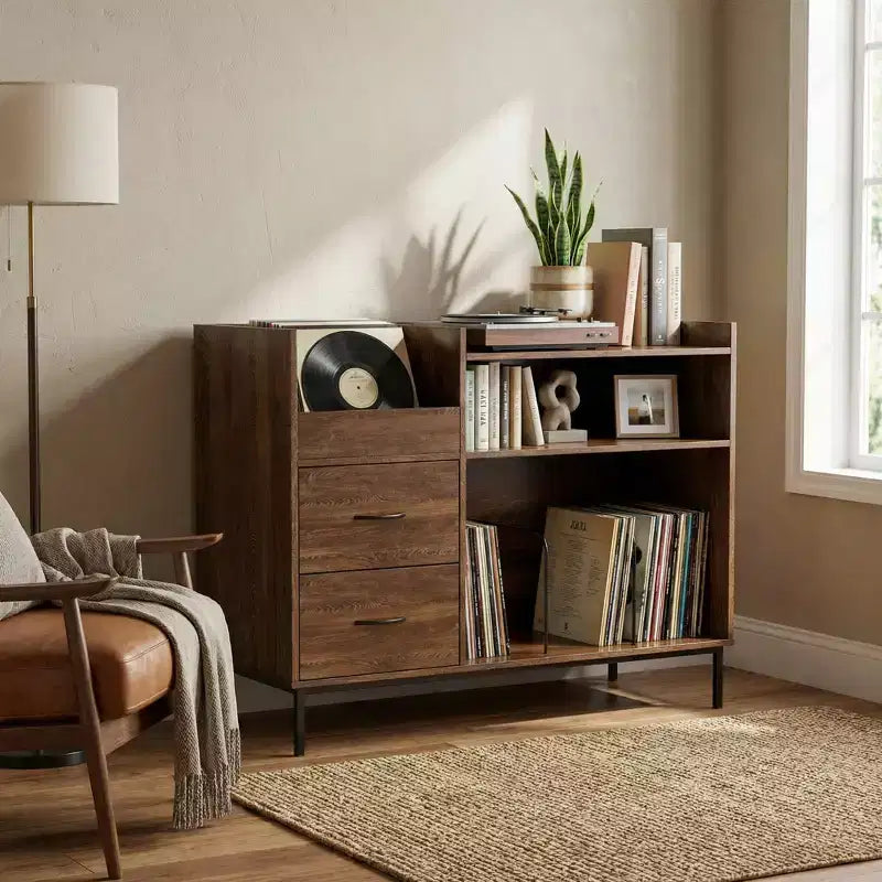 Meuble pour platine vinyle de 70 cm avec étagères réglables et tiroirs, peut contenir plus de 350 vinyles pour salon et chambre