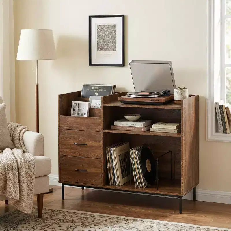 Meuble pour platine vinyle de 70 cm avec étagères réglables et tiroirs, peut contenir plus de 350 vinyles pour salon et chambre