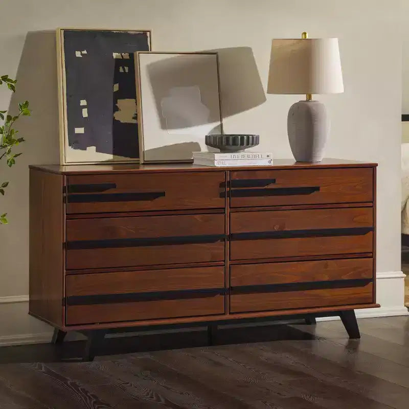 Commode double moderne à 6 tiroirs avec longues poignées Noyer