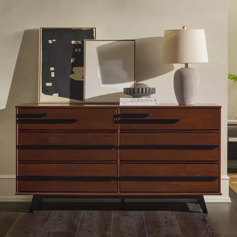Commode double moderne à 6 tiroirs avec longues poignées Noyer