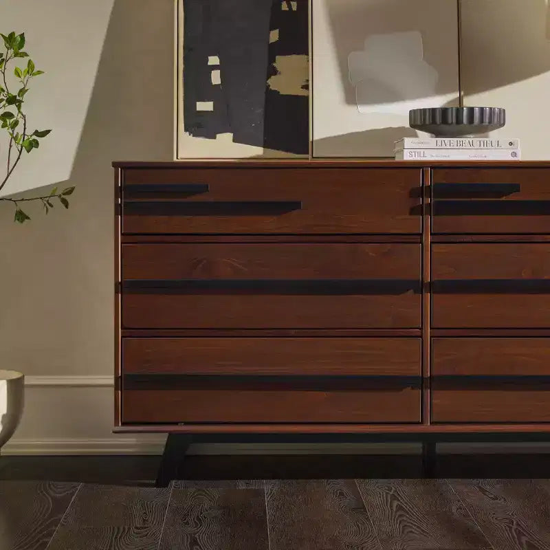 Commode double moderne à 6 tiroirs avec longues poignées Noyer