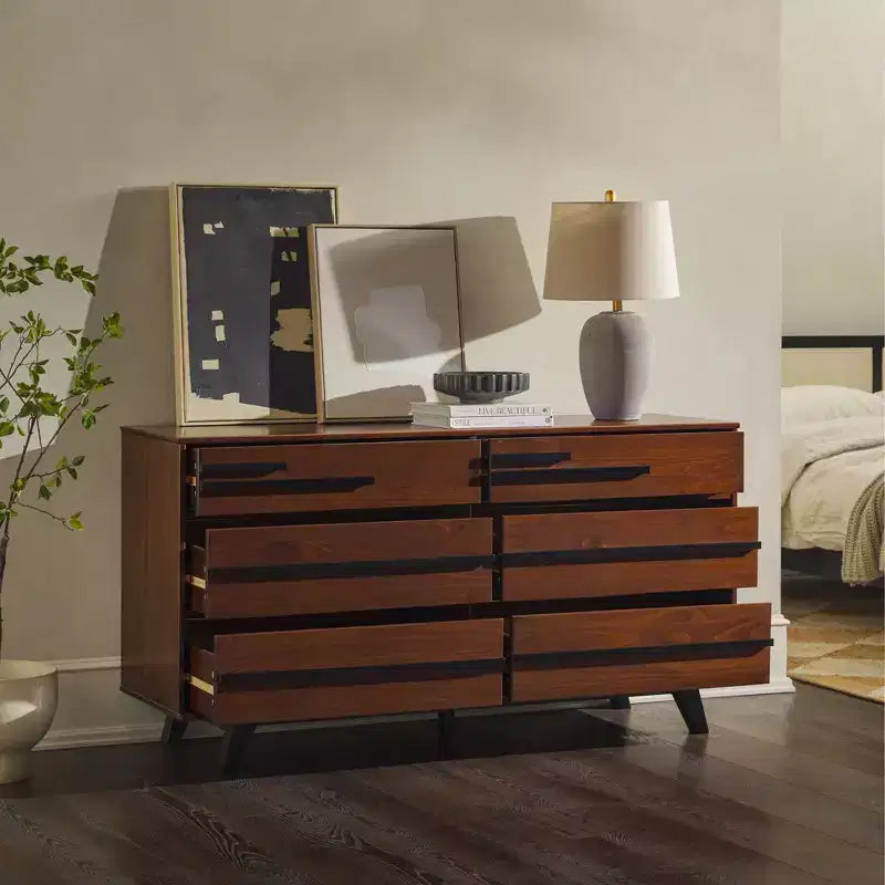 Commode double moderne à 6 tiroirs avec longues poignées Noyer