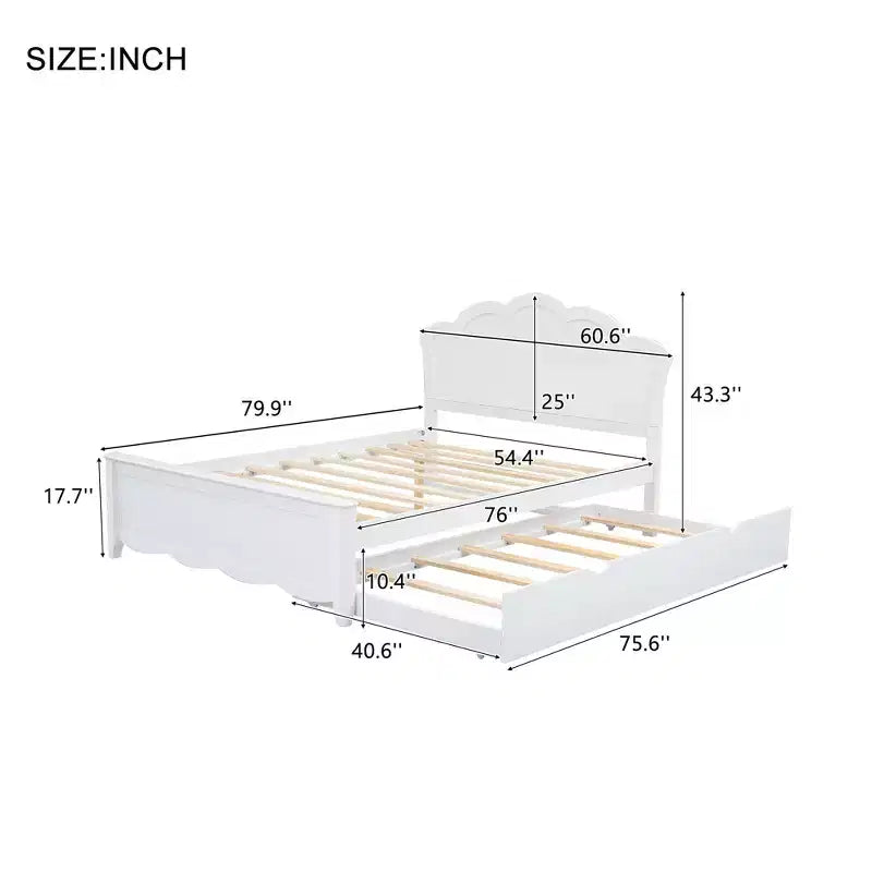 Lit plateforme simple avec tête de lit et lit gigogne, blanc